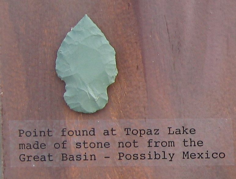 Light green point found at Topaz Lake made from stone that's not from the Great Basin.